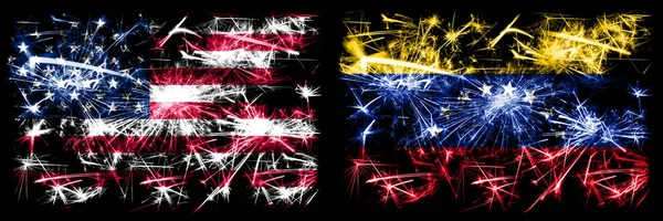 Estados Unidos da América, EUA vs Venezuela, comemoração do Ano Novo venezuelano fogos de artifício espumantes bandeiras fundo conceito. Combinação de duas bandeiras de estados abstratos . — Fotografia de Stock