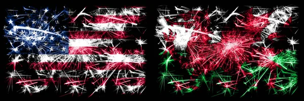 Vereinigte staaten von amerika, usa vs wales, walisische neujahr feier funkelnden feuerwerk flaggen konzept hintergrund. Kombination aus zwei abstrakten Staaten Flaggen. — Stockfoto