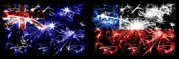 Australien, Ozzie vs Chile, chilenische Neujahrsfeier funkelnden Feuerwerk Flaggen Konzept Hintergrund. Kombination aus zwei abstrakten Staaten Flaggen. — Stockfoto