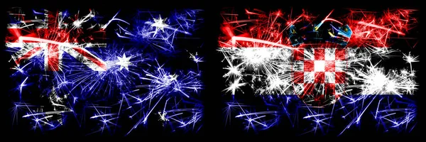 오스트레일리아, 오지 브 크로아티아, 크로아티아 새해 축하 불꽃놀이 컨셉트 배경. 두 개의 추상 국가가 결합 된 깃발. — 스톡 사진