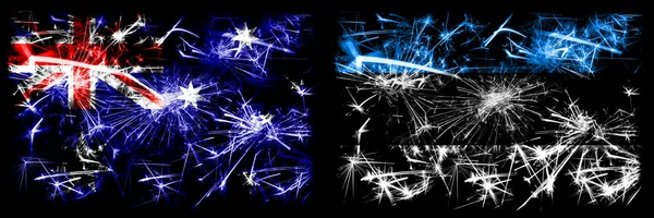 Australien, Ozzie vs Estland, estnische Neujahrsfeier funkelnden Feuerwerk Flaggen Konzept Hintergrund. Kombination aus zwei abstrakten Staaten Flaggen. — Stockfoto