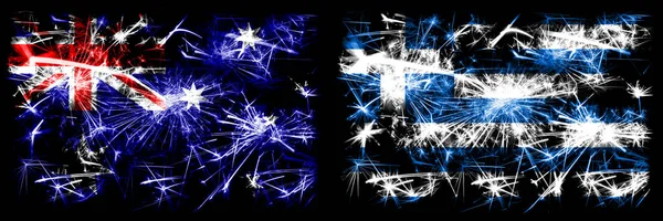 Australia, Ozzie vs Greece, Greek New Year celebration sparkling fireworks flags concept background. Combination of two abstract states flags.
