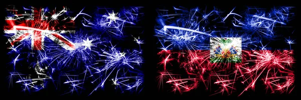 Austrálie, Ozzie vs Haiti, Haitian Silvestr oslavy jiskřící ohňostroje vlajky koncept pozadí. Kombinace dvou abstraktních stavových příznaků. — Stock fotografie