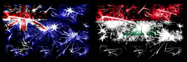 Australien, ozzie vs iraq, irakische Neujahrsfeier funkelnden Feuerwerk Flaggen Konzept Hintergrund. Kombination aus zwei abstrakten Staaten Flaggen. — Stockfoto