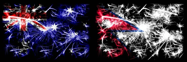 Australien, ozzie vs nepal, nepalesische Neujahrsfeier funkelnden Feuerwerk Flaggen Konzept Hintergrund. Kombination aus zwei abstrakten Staaten Flaggen. — Stockfoto