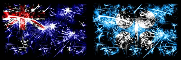 Australien, Ozzie vs Opec Neujahrsfeier funkelnden Feuerwerk Flaggen Konzept Hintergrund. Kombination aus zwei abstrakten Staaten Flaggen. — Stockfoto