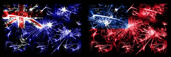 Australien, ozzie vs samoa, samoan Neujahrsfeier funkelnden Feuerwerk Flaggen Konzept Hintergrund. Kombination aus zwei abstrakten Staaten Flaggen. — Stockfoto