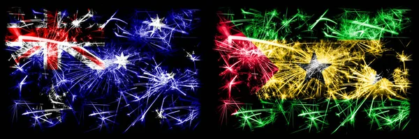 澳大利亚，Ozzie对圣多美和普林西比新年庆祝闪耀的烟花旗帜概念背景。 两种抽象状态标志的组合. — 图库照片