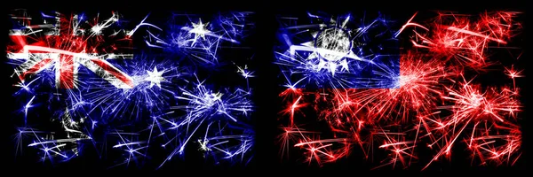 Australien, ozzie vs taiwan, taiwanesische Neujahrsfeier funkelnden Feuerwerk Flaggen Konzept Hintergrund. Kombination aus zwei abstrakten Staaten Flaggen. — Stockfoto