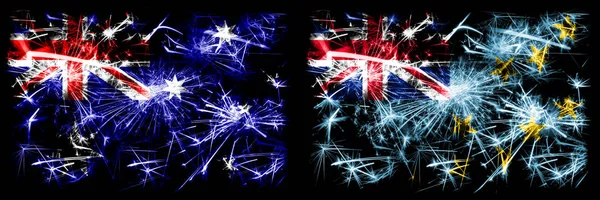 Австралія, Оззі проти Тувалу, святкування Нового року Тувалу, яке яскраво освітлює феєрверки, відзначає концепт-фон. Комбінація двох абстрактних держав прапори. — стокове фото