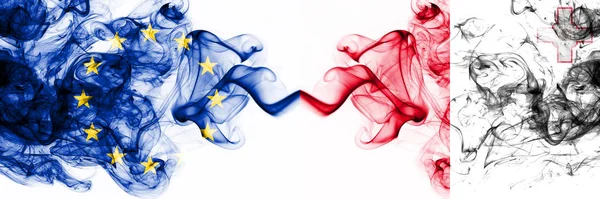 Eu, Europese Unie vs Malta, Maltese rokerige mystieke vlaggen naast elkaar geplaatst. Dikke gekleurde zijdeachtige abstracte rookvlaggen combinatie — Stockfoto
