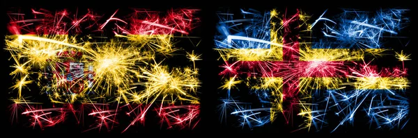 Español vs Aland Año Nuevo celebración chispeantes banderas de fuegos artificiales concepto de fondo. Combinación de dos banderas de estados abstractos . —  Fotos de Stock