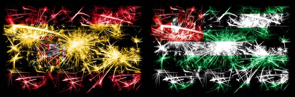 Español vs Abjasia, celebración del Año Nuevo Abjasia brillante banderas de fuegos artificiales concepto de fondo. Combinación de dos banderas de estados abstractos . —  Fotos de Stock
