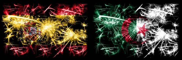 Spanish vs Algeria, Algerian New Year celebration sparkling fireworks flags concept background. Combination of two abstract states flags.