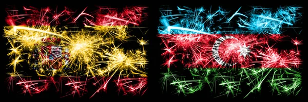 스페인 vs 아제르바이잔, 아제르바이잔 새해 축하 불꽃 깃발 컨셉트 배경. 두 개의 추상 국가가 결합 된 깃발. — 스톡 사진