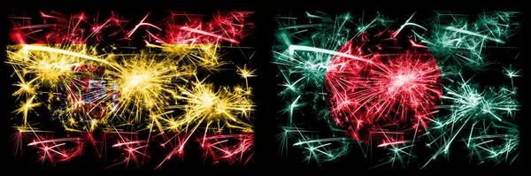 Španělština vs Bangladéš, Bangladéš Nový rok oslavy jiskřivé ohňostroje vlajky koncept pozadí. Kombinace dvou abstraktních stavových příznaků. — Stock fotografie