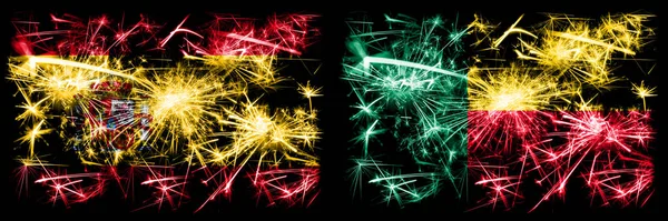 Espanhol vs Benin, celebração do Ano Novo Beninês fogos de artifício cintilantes bandeiras fundo conceito. Combinação de duas bandeiras de estados abstratos . — Fotografia de Stock