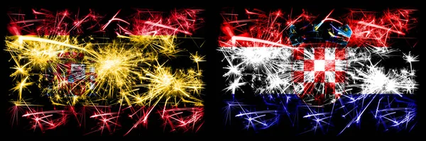 西班牙对克罗地亚,克罗地亚新年庆祝闪烁着烟火旗帜的概念背景. 两种抽象状态标志的组合. — 图库照片