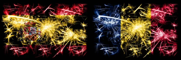 스페인 vs 차드, 차드 새해 축하 폭죽 컨셉트 배경. 두 개의 추상 국가가 결합 된 깃발. — 스톡 사진