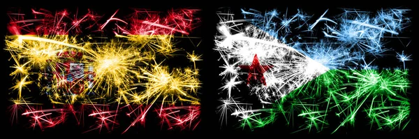 Španělština vs Džibutsko Nový rok oslavy jiskřivé ohňostroje vlajky koncept pozadí. Kombinace dvou abstraktních stavových příznaků. — Stock fotografie