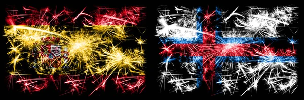 스페인 vs 포로 제도 새해 기념행사에서는 불꽃놀이 깃발 이 등장 한다. 두 개의 추상 국가가 결합 된 깃발. — 스톡 사진
