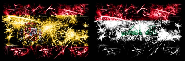 Spanisch vs iraq, irakische Neujahrsfeier funkelnde Feuerwerk Flaggen Konzept Hintergrund. Kombination aus zwei abstrakten Staaten Flaggen. — Stockfoto
