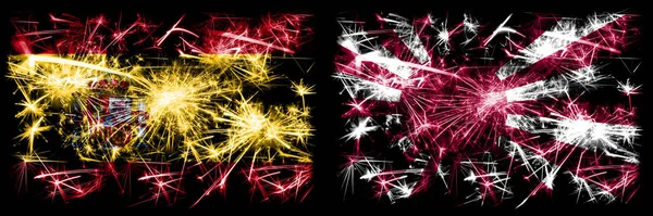 Español vs Japón, Japonés, sol celebración de Año Nuevo brillante banderas de fuegos artificiales concepto de fondo. Combinación de dos banderas de estados abstractos . —  Fotos de Stock