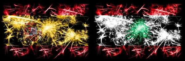 스페인 vs 레바논, 레바논 새해 축하 불꽃놀이 컨셉트 배경. 두 개의 추상 국가가 결합 된 깃발. — 스톡 사진