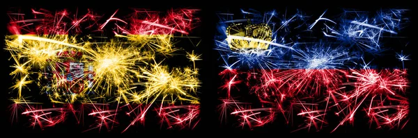Español vs Liechtenstein, Liechtensteins celebración de Año Nuevo brillante banderas de fuegos artificiales concepto de fondo. Combinación de dos banderas de estados abstractos . —  Fotos de Stock