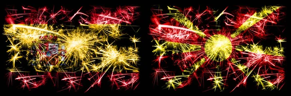 Spanish vs Macedonia, Macedonian New Year celebration sparkling fireworks flags concept background. Combination of two abstract states flags.