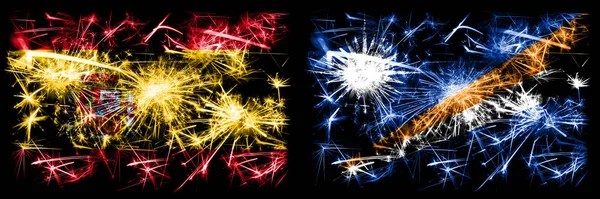 Espagnol vs Îles Marshall célébration du Nouvel An feux d'artifice scintillants drapeaux concept arrière-plan. Combinaison de deux drapeaux d'états abstraits . — Photo