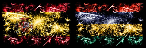 Spanish vs Mauritius, Mauritian New Year celebration sparkling fireworks flags concept background. Combination of two abstract states flags.