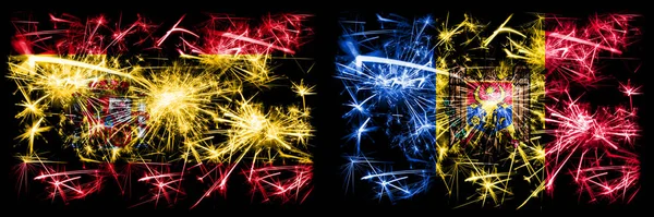 Española vs Moldavia, celebración del Año Nuevo moldavo brillante banderas de fuegos artificiales concepto de fondo. Combinación de dos banderas de estados abstractos . —  Fotos de Stock