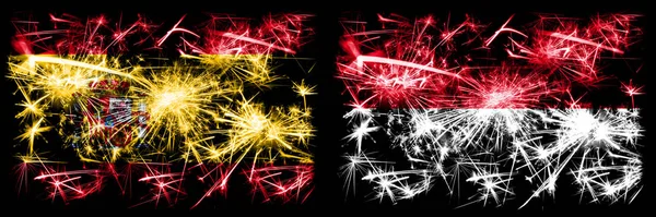 Español vs Mónaco, celebración del Año Nuevo de Mónaco brillante banderas de fuegos artificiales concepto de fondo. Combinación de dos banderas de estados abstractos . —  Fotos de Stock