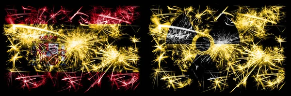 Spaans vs Nucleaire, radioactieve, straling, gevaar Nieuwjaar viering sprankelend vuurwerk vlaggen concept achtergrond. Combinatie van twee abstracte vlaggen. — Stockfoto