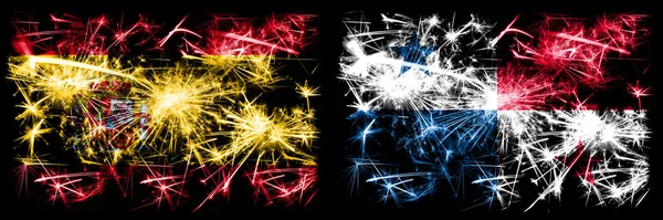 Español vs Panamá Año Nuevo celebración brillante banderas de fuegos artificiales concepto de fondo. Combinación de dos banderas de estados abstractos . —  Fotos de Stock