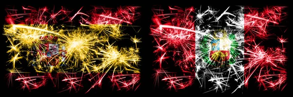 Spanisch vs Peru, peruanische Neujahrsfeier funkelnden Feuerwerk Flaggen Konzept Hintergrund. Kombination aus zwei abstrakten Staaten Flaggen. — Stockfoto