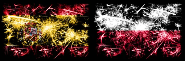 Spaans vs Polen, Pools Nieuwjaar viering sprankelend vuurwerk vlaggen concept achtergrond. Combinatie van twee abstracte vlaggen. — Stockfoto