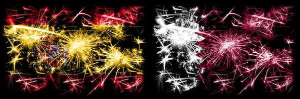 Español vs Qatar, celebración del Año Nuevo qatarí brillante banderas de fuegos artificiales concepto de fondo. Combinación de dos banderas de estados abstractos . —  Fotos de Stock