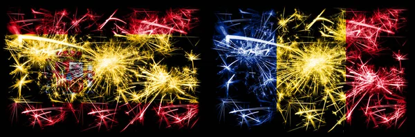 스페인 vs 루마니아, 루마니아 새해 축하 불꽃놀이 컨셉트 배경. 두 개의 추상 국가가 결합 된 깃발. — 스톡 사진