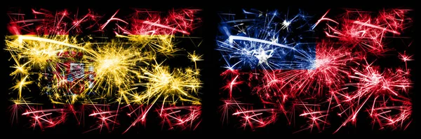 Spaans vs Samoa, Samoaans Nieuwjaar viering sprankelend vuurwerk vlaggen concept achtergrond. Combinatie van twee abstracte vlaggen. — Stockfoto