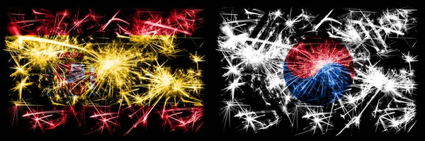 스페인 vs 대한민국, 한국 새해 기념행사 화려 한 불꽃놀이 구상 배경. 두 개의 추상 국가가 결합 된 깃발. — 스톡 사진