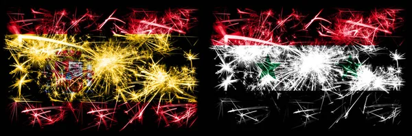 Spanisch vs syrien, syrisches Neujahrsfest funkelnden Feuerwerk Flaggen Konzept Hintergrund. Kombination aus zwei abstrakten Staaten Flaggen. — Stockfoto
