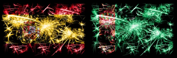 Spanish vs Turkmenistan, Turkmenistans New Year celebration sparkling fireworks flags concept background. Συνδυασμός δύο αφηρημένων κρατών σημαιών. — Φωτογραφία Αρχείου