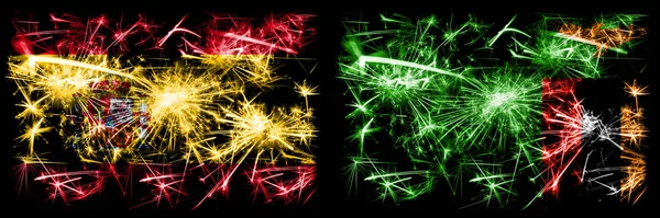 Espanhol vs Zâmbia, celebração do Ano Novo da Zâmbia fogos de artifício cintilantes bandeiras fundo conceito. Combinação de duas bandeiras de estados abstratos . — Fotografia de Stock