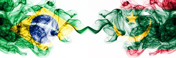 Brazil, Brazilian vs Mauritania, Mauritanian smoky mystic flags placed side by side. Thick colored silky abstract smoke flags combination — Stock Photo, Image
