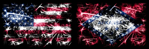 Vereinigte Staaten von Amerika vs Arkansas Silvesterfeier funkelnden Feuerwerk Flaggen Konzept Hintergrund. Kombination zweier amerikanischer Flaggen. — Stockfoto