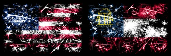 United States of America vs Georgia Nieuwjaarsviering sprankelend vuurwerk vlaggen concept achtergrond. Combinatie van twee Amerikaanse vlaggen. — Stockfoto