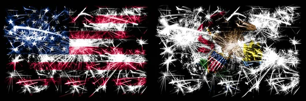 Vereinigte staaten von amerika vs illinois neujahr feier funkelndes feuerwerk flaggen konzept hintergrund. Kombination zweier amerikanischer Flaggen. — Stockfoto