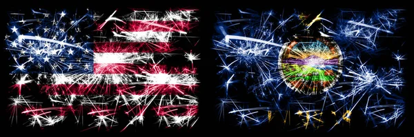 USA vs Kansas nyårsfirande gnistrande fyrverkerier flaggor koncept bakgrund. Kombination av två amerikanska flaggstater. — Stockfoto